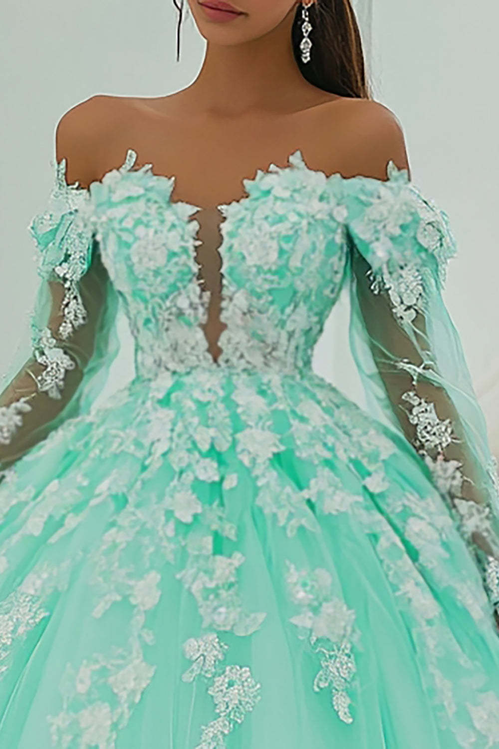 Mint Green Ball Gown Princess Tulle Maxi Quinceanera Dress with Appliques