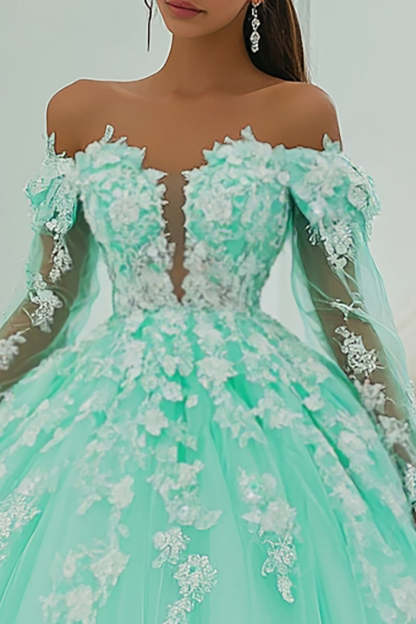 Mint Green Ball Gown Princess Tulle Maxi Quinceanera Dress with Appliques