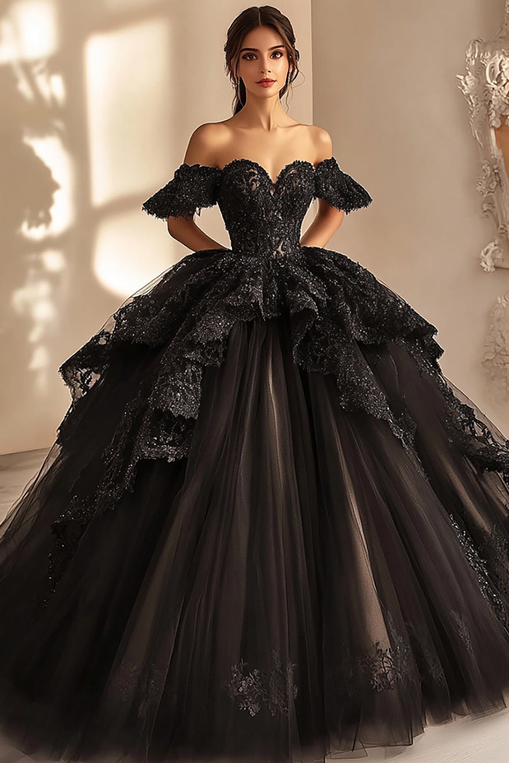 Black Ball Gown Maxi Princess Ruffled Quinceanera Dress with Appliques