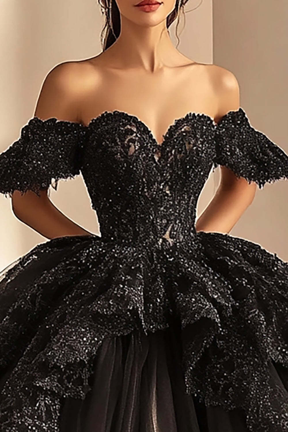 Black Ball Gown Maxi Princess Ruffled Quinceanera Dress with Appliques