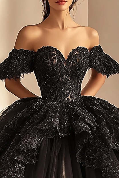 Black Ball Gown Maxi Princess Ruffled Quinceanera Dress with Appliques
