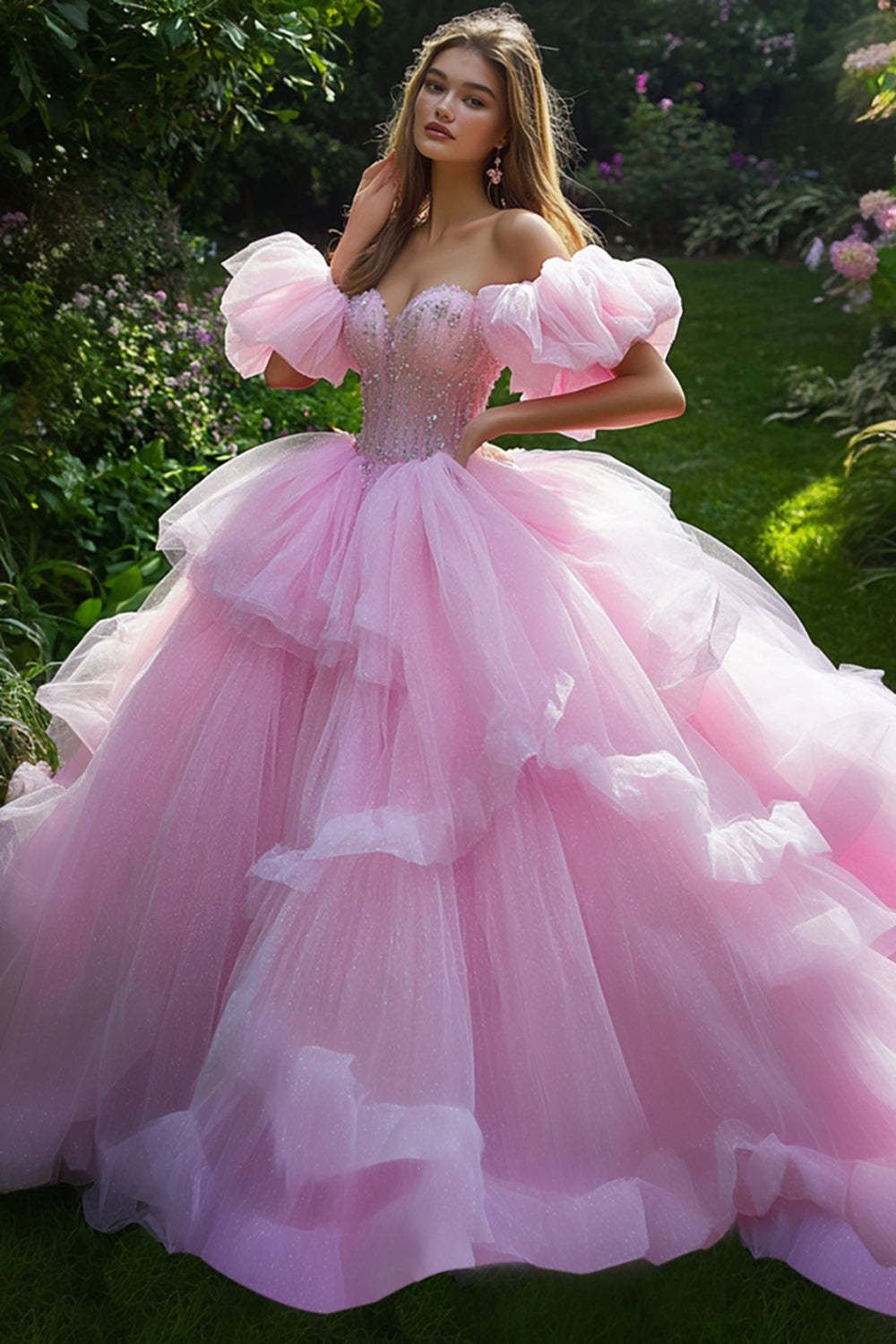 Leely Women Sparkly Pink Ball Gown Tulle Maxi Quinceanera Dress with Beading Tiered Ruffled Princess Sweetheart Puff Sleeves Sweet 16 Dress