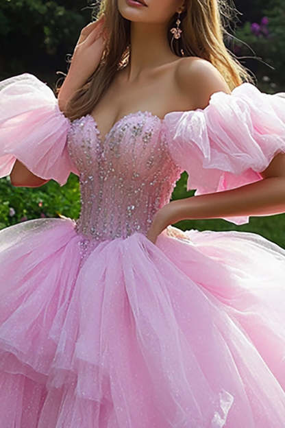 Pink Ball Gown Princess Tulle Ruffled Maxi Quinceanera Dress with Beading