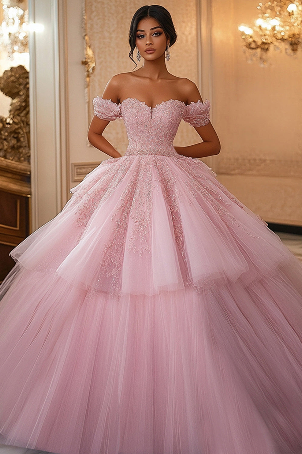 Pink Ball Gown Princess Tulle Tiered Maxi Quinceanera Dress with Appliques