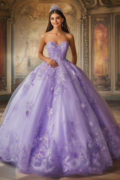 Leely Women Lilac Ball Gown Princess Quinceanera Dress with Appliques Tulle Sweetheart Maxi Sweet 16 Dress