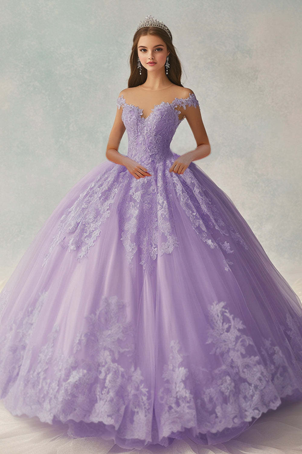 Leely Women Lilac Ball Gown Princess Maxi Quinceanera Dress Tulle Off the Shoulder Sweet 16 Dress with Appliques