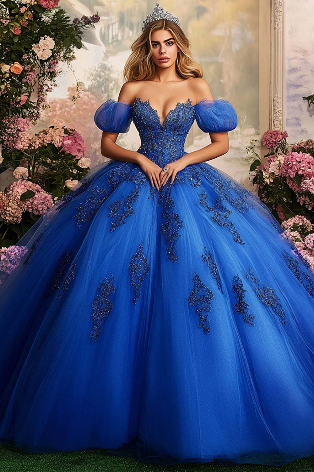 Leely Women Saprkly Royal Blue Ball Gown Princess Maix Quinceanera Dress Tulle Sweetheart Puff Sleeves Sweet 16 Dress with Appliques