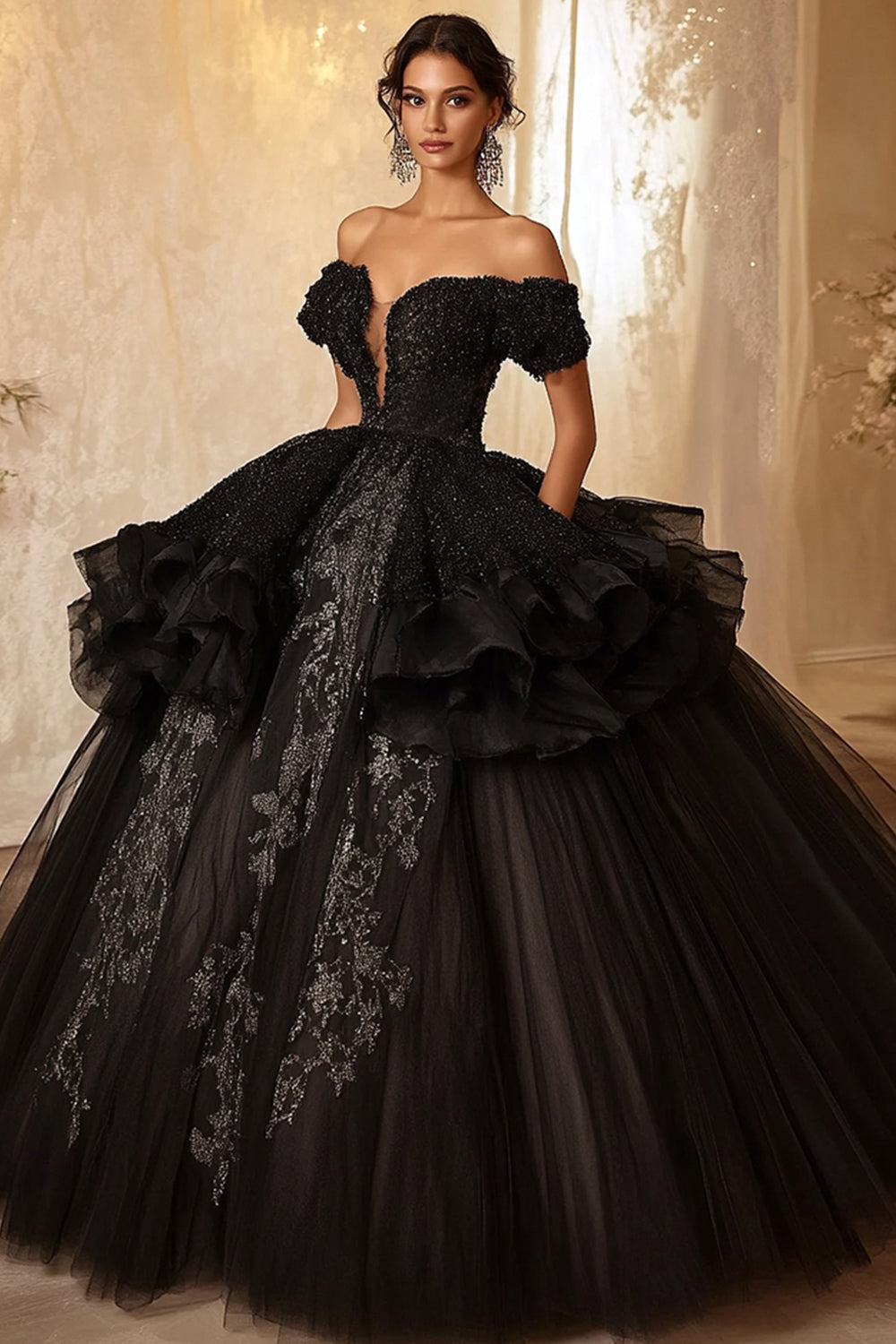 Sparkly Black Ball Gown Princess Maxi Ruffled Quinceanera Dress with Appliques