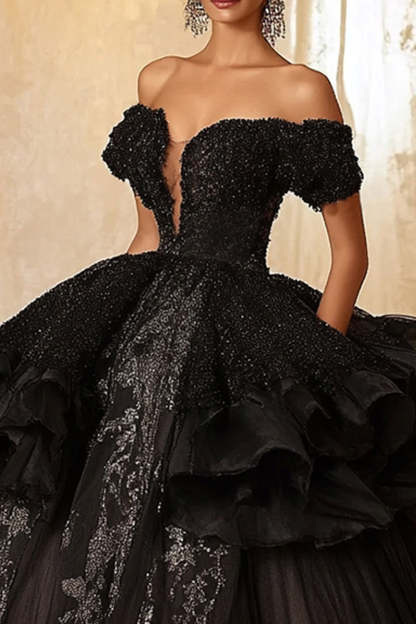 Sparkly Black Ball Gown Princess Maxi Ruffled Quinceanera Dress with Appliques