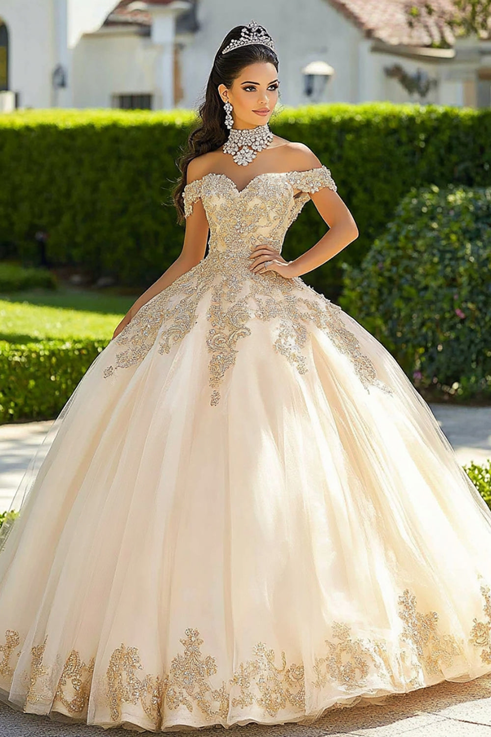 Champagne Off the Shoulder Ball Gown Princess Maxi Quinceanera Dress with Appliques