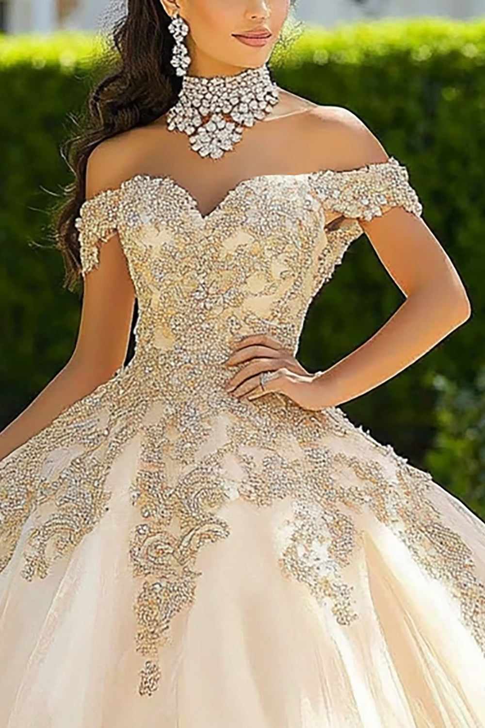 Champagne Off the Shoulder Ball Gown Princess Maxi Quinceanera Dress with Appliques