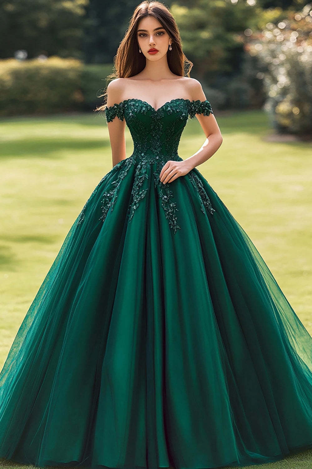 Leely Women Princess Dark Green Tulle Maxi Quinceanera Dress with Appliques Off the Shoulder Ball Gown Sweet 16 Dress