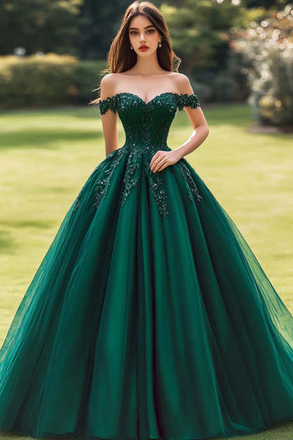 Leely Women Princess Dark Green Tulle Maxi Quinceanera Dress with Appliques Off the Shoulder Ball Gown Sweet 16 Dress