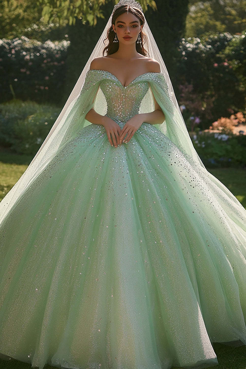 Leely Women Light Green Sparkly Maxi Tulle Quinceanera Dress with Beading Ball Gown Off the Shoulder Sweet 16 Dress