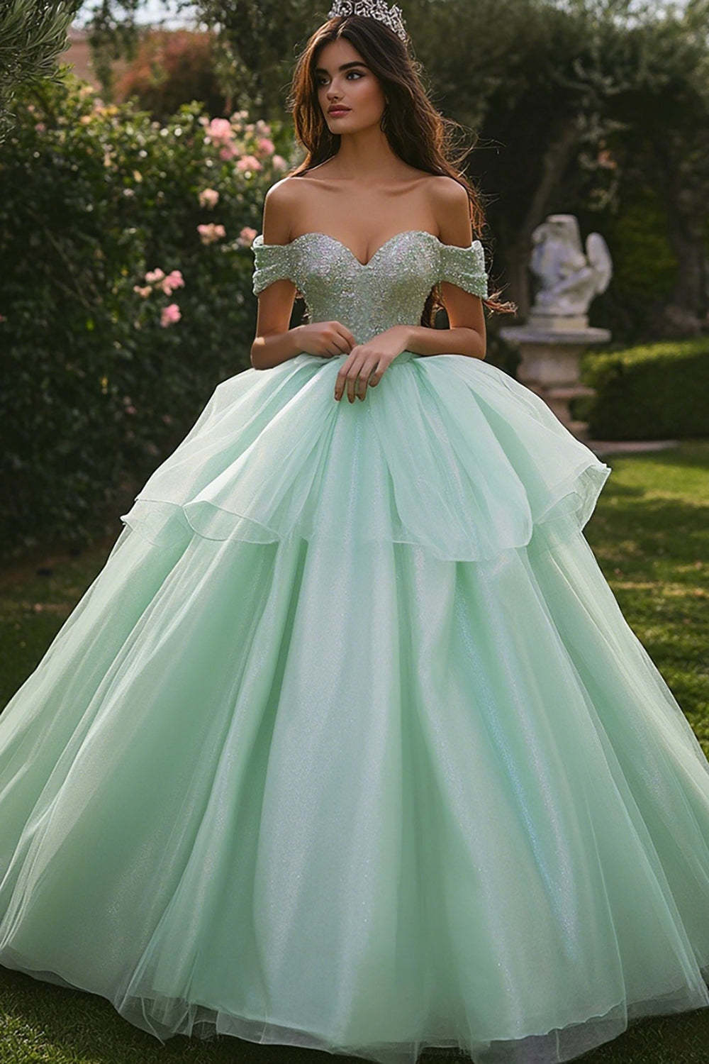 Leely Women Sparkly Mint Green Maxi Ruffled Quinceanera Dress with Sequins Ball Gown Princess Off the Shoulder Sweet 16 Dress