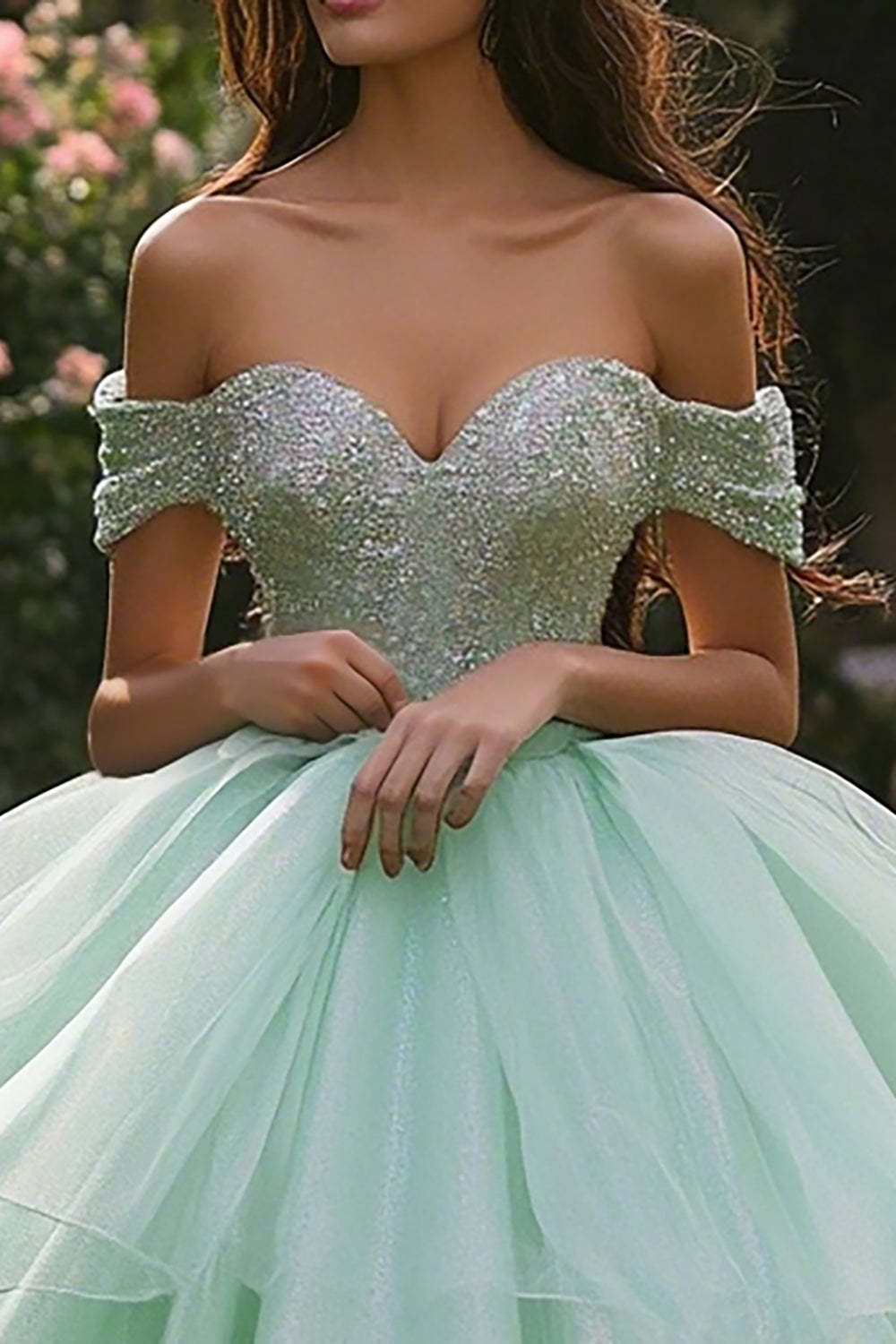 Sparkly Mint Green Ball Gown Ruffled Maxi Quinceanera Dress with Sequins