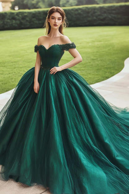 Leely Women Dark Green Princess Corset Tulle Quinceanera Dress with Appliques Ball Gown Sweep Train Sweet 16 Dress