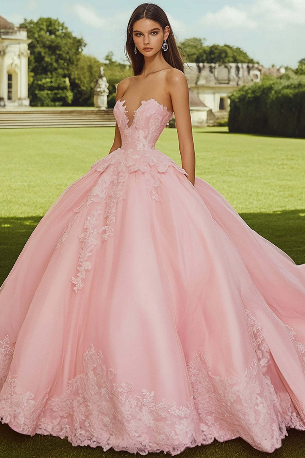 Leely Women Pink Strapless Maxi Princess Quinceanera Dress with Appliques Sweetheart Ball Gown Sweet 16 Dress