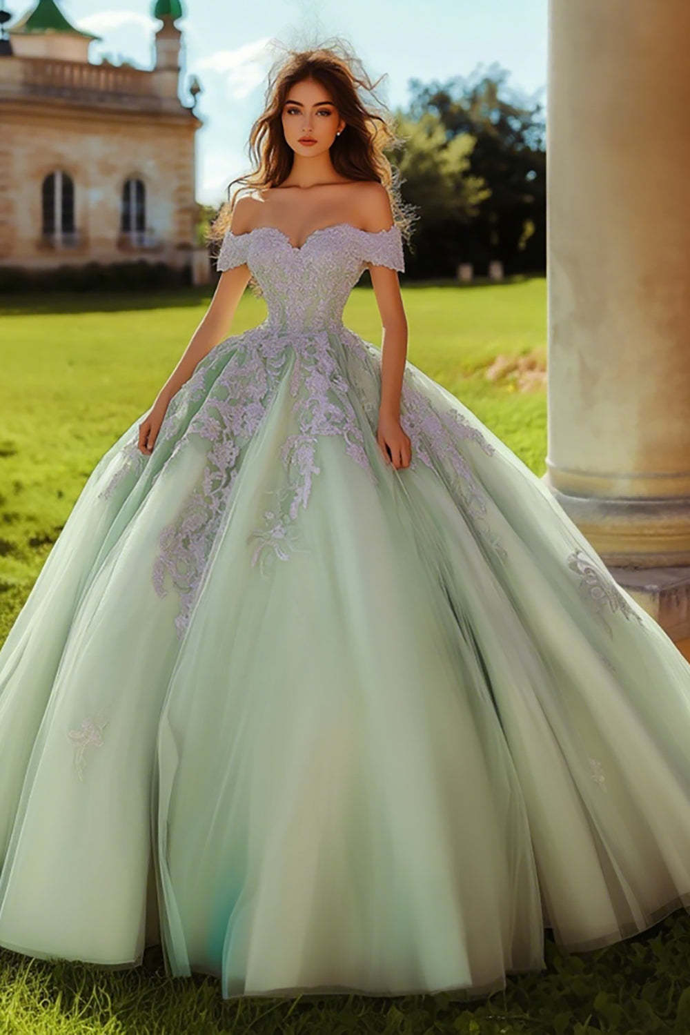 Leely Women Dusty Sage Tulle Maxi Princess Quinceanera Dress with Lace Ball Gown Off the Shoulder Sweet 16 Dress