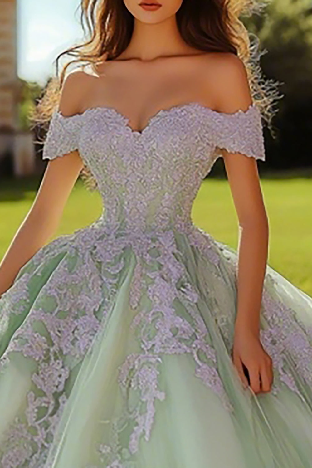 Dusty Sage Ball Gown Maxi Tulle Quinceanera Dress with Lace