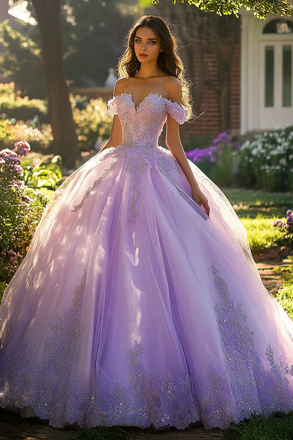 Lilac Ball Gown Tulle Maxi Quinceanera Dress with Appliques