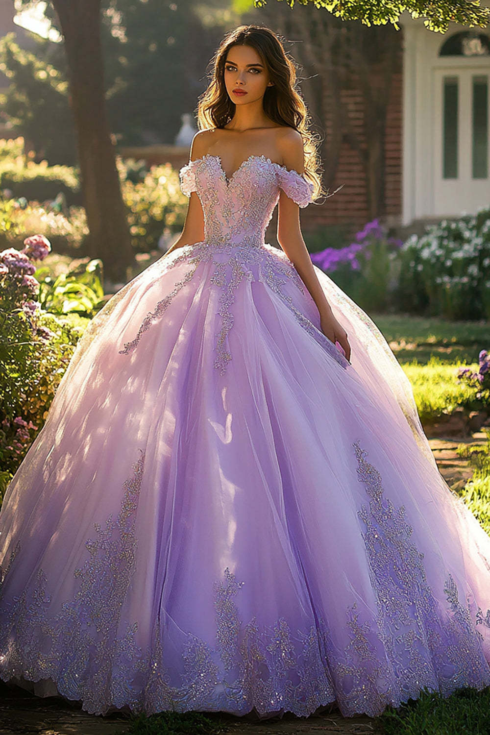 Leely Women Lilac Tulle Maxi Quinceanera Dress with Appliques Off the Shoulder Princess Ball Gown Sweet 16 Dress
