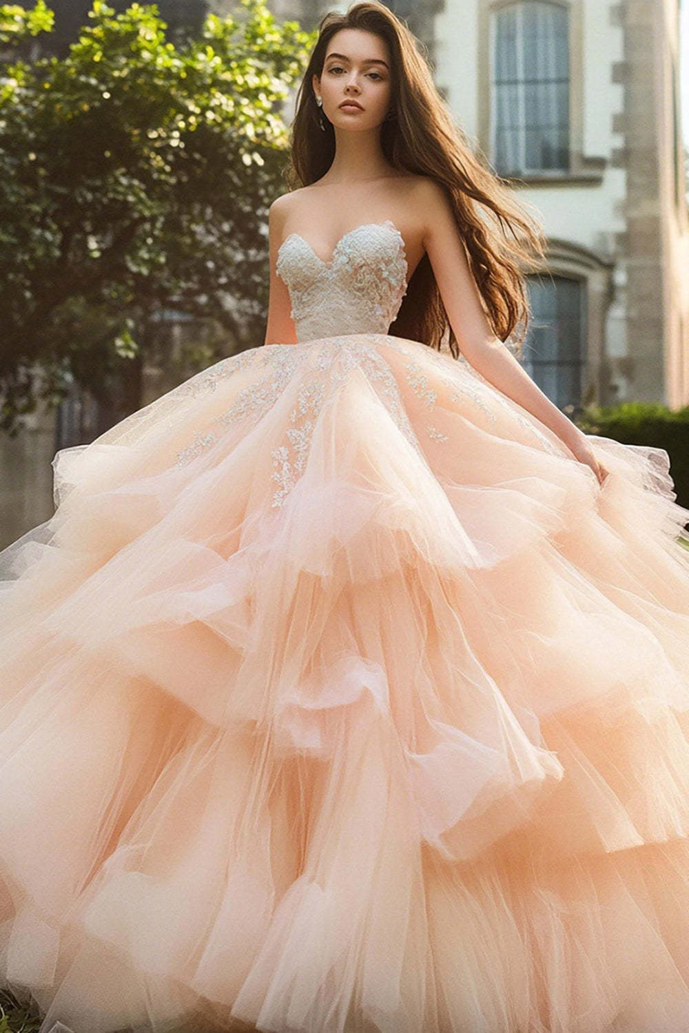 Leely Women Champagne Tulle Maxi Ruffled Quinceanera Dress with Appliques Princess Sweetheart Ball Gown Sweet 16 Dress