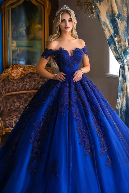 Leely Women Royal Blue Tulle Maxi Princess Quinceanera Dress with Appliques Ball Gown Off the Shoulder Sweet 16 Dress