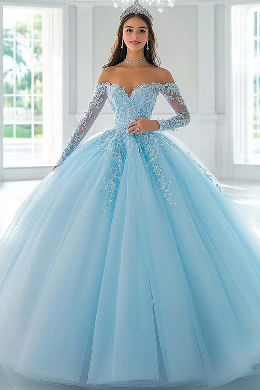 Leely Women Sky Blue Tulle Long Sleeves Quinceanera Dress with Applique Ball Gown Off the Shoulder Sweet 16 Dress