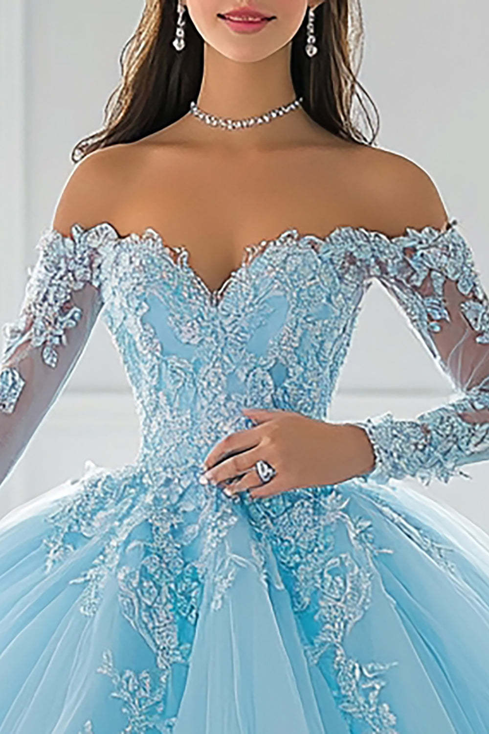 Sky Blue Ball Gown Long Sleeves Appliqued Quinceanera Dress