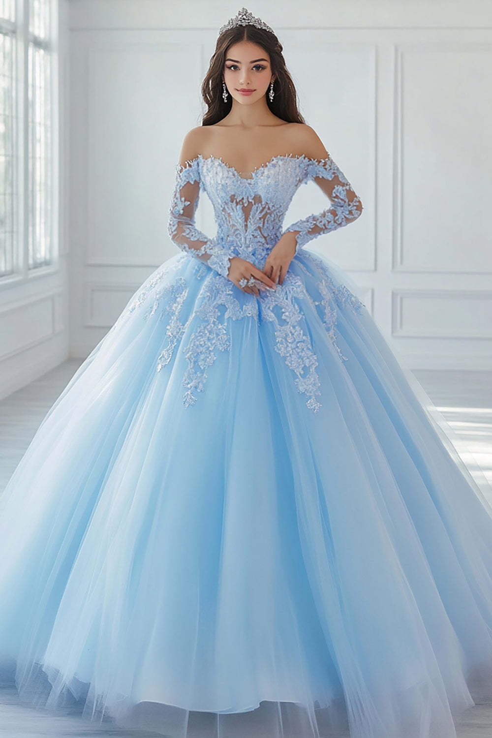 Leely Women Sky Blue Long Tulle Quinceanera Dress with Lace Ball Gown Princess Off the Shoulder Long Sleeves Sweet 16 Dress