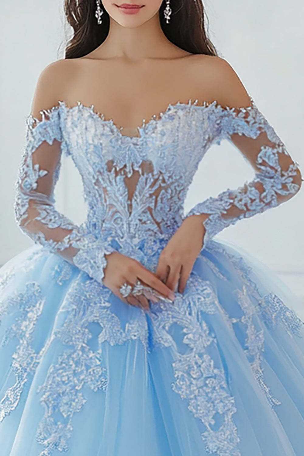 Sky Blue Ball Gown Long Sleeves Princess Quinceanera Dress with Lace