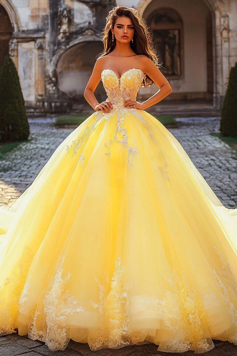 Leely Women Yellow Strapless Maxi Tulle Quinceanera Dress with Appliques Ball Gown Princess Off the Shoulder Sweet 16 Dress