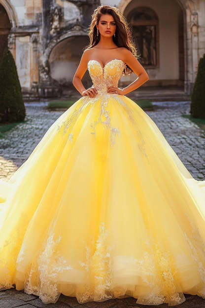 Leely Women Yellow Strapless Maxi Tulle Quinceanera Dress with Appliques Ball Gown Princess Off the Shoulder Sweet 16 Dress