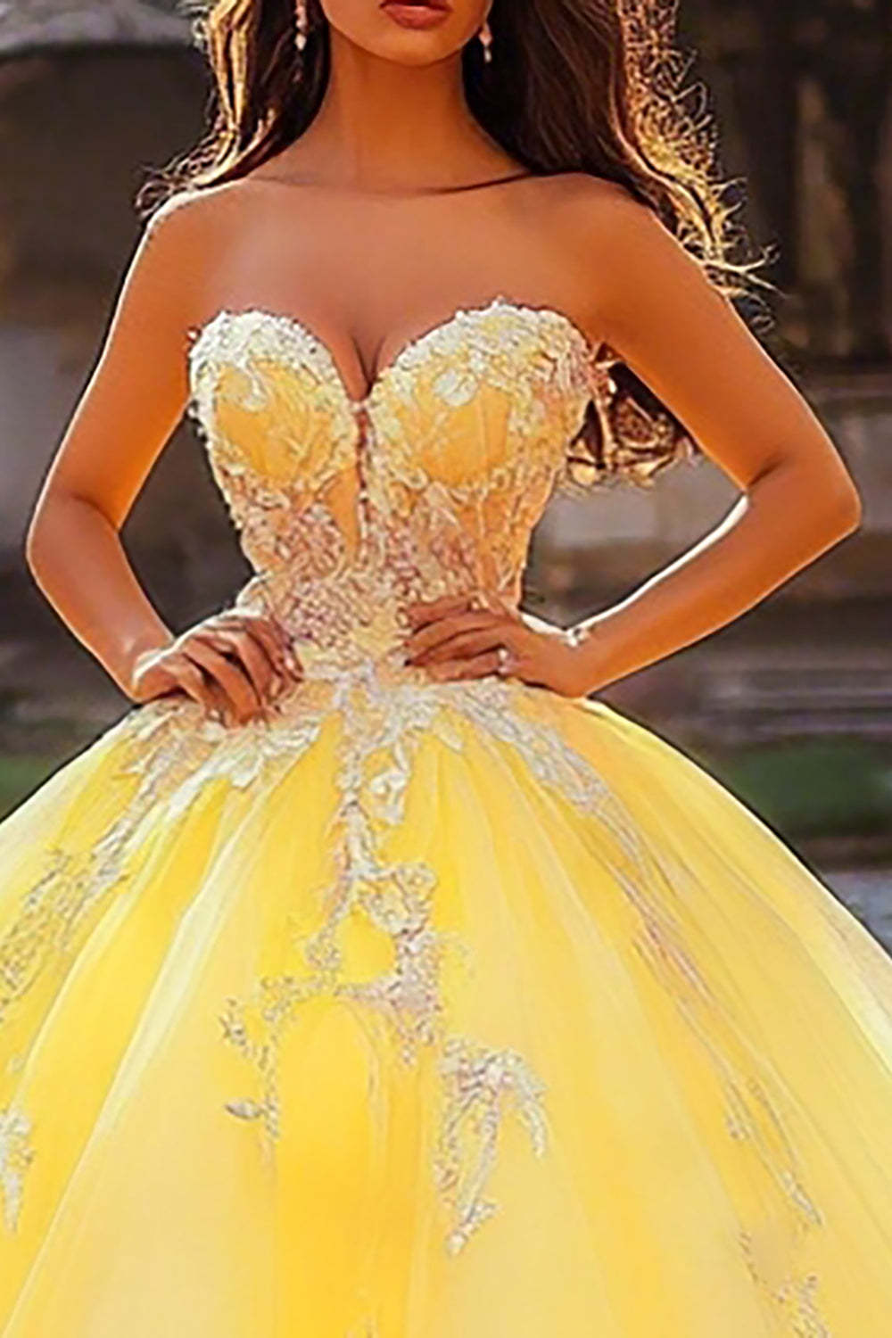 Yellow Strapless Tulle Ball Gown Princess Maxi Quinceanera Dress with Appliques