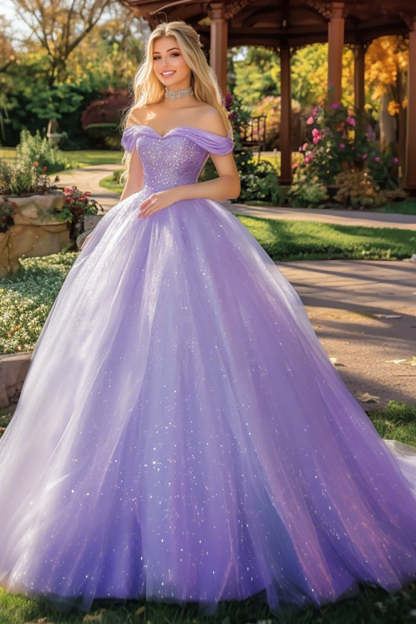 Leely Women Sparkly Lilac Ball Gown Maxi Tulle Quinceanera Dress Off the Shoulder Sequined Sweet 16 Dress