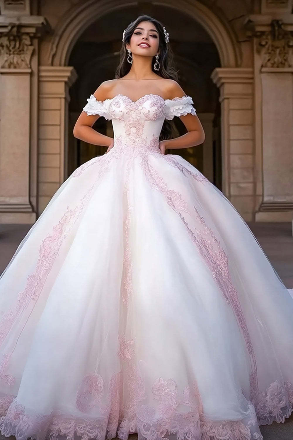 Leely Women Princess White and Pink Tulle Maxi Quinceanera Dress with Appliques Ball Gown Off the Shoulder Sweet 16 Dress