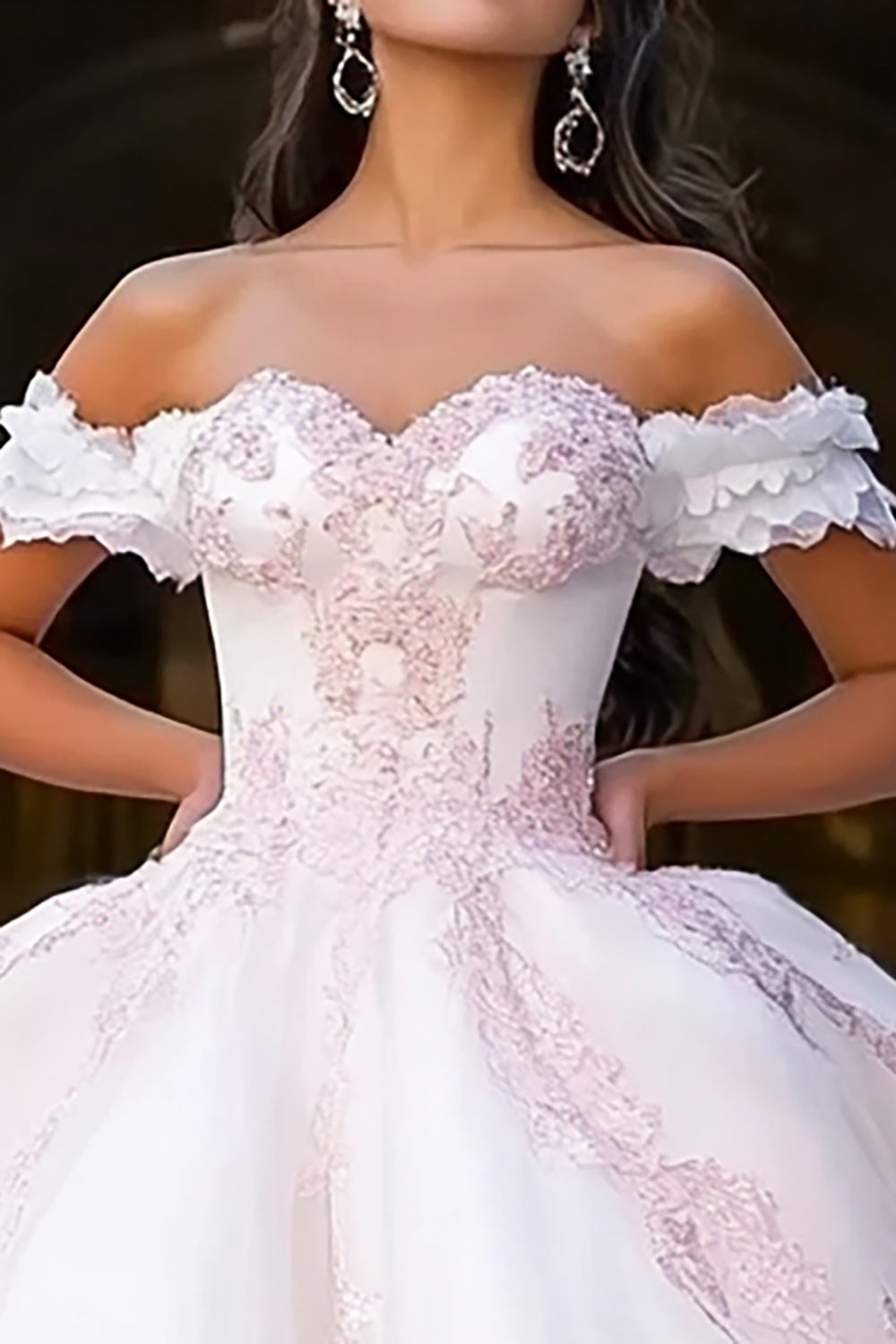 Princess White and Pink Ball Gown Tulle Quinceanera Dress with Appliques