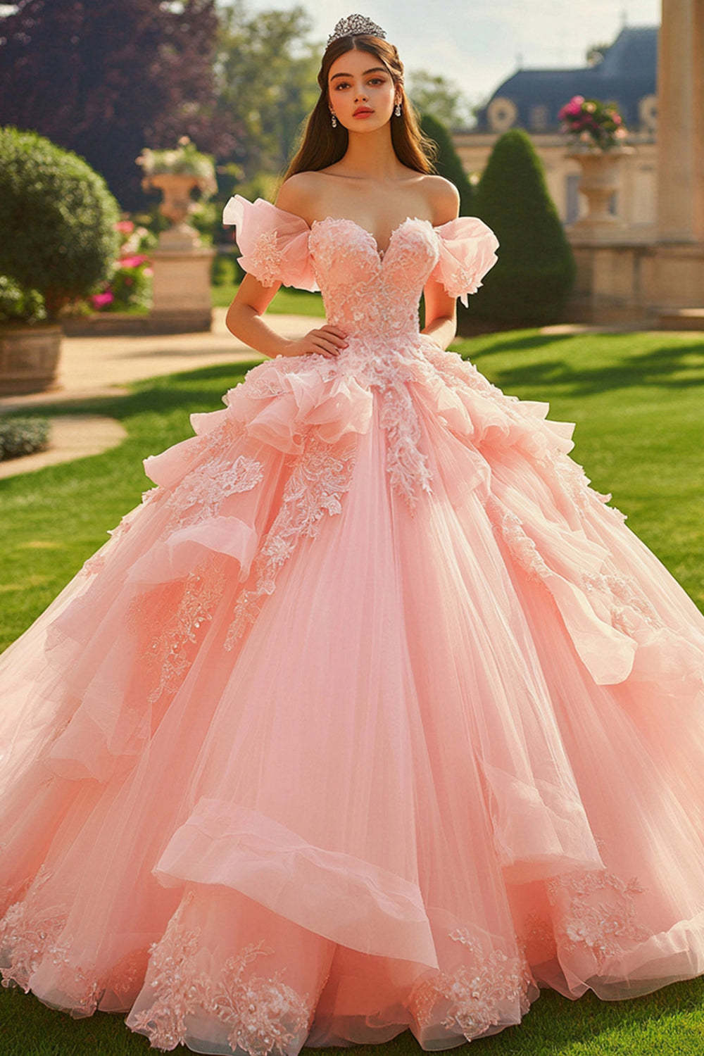 Leely Women Pink Tulle Maxi Ruffled Quinceanera Dress with Applique Princess Off the Shoulder Ball Gown Sweet 16 Dress
