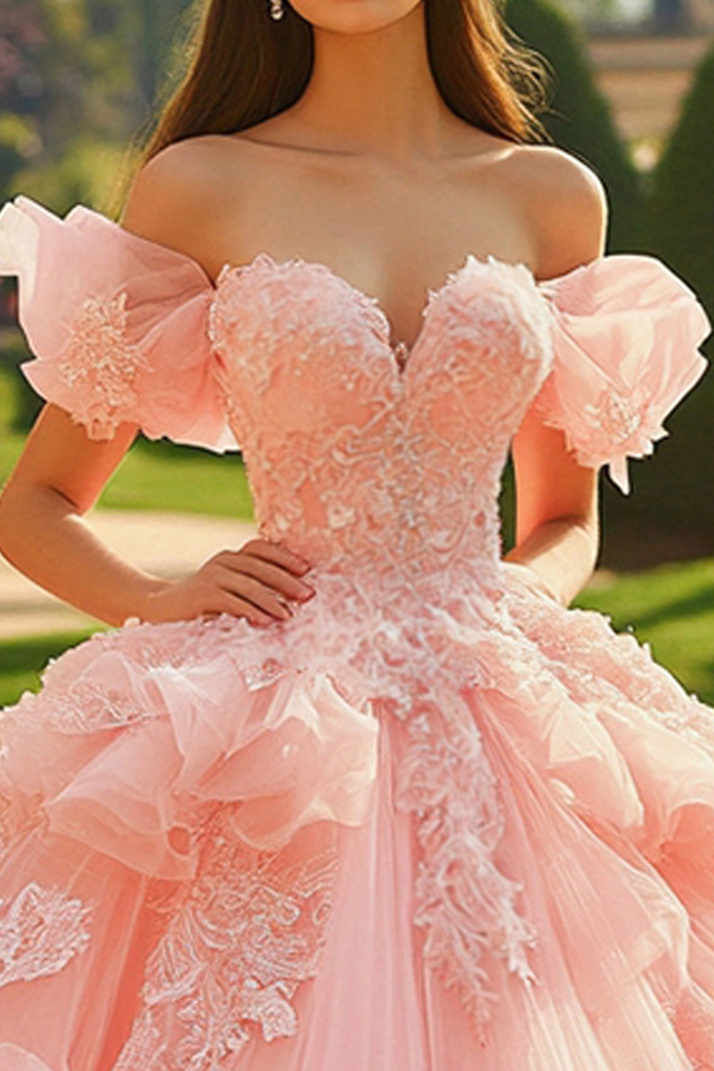 Pink Ball Gown Tulle Ruffled Maxi Quinceanera Dress with Applique