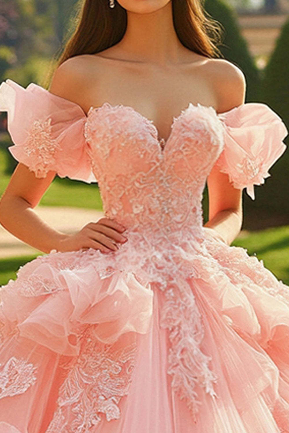 Pink Ball Gown Tulle Ruffled Maxi Quinceanera Dress with Applique