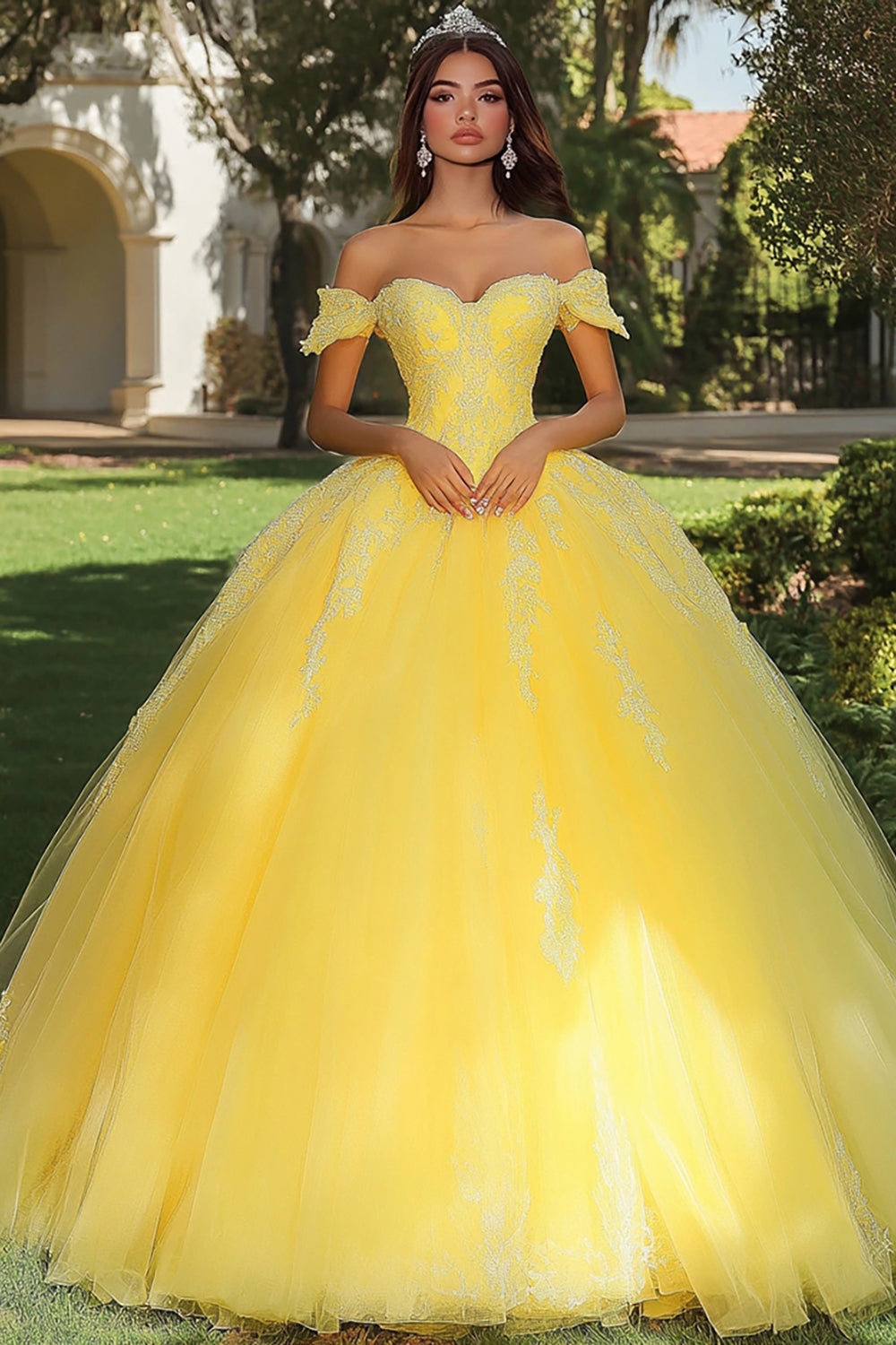 Leely Women Yellow Princess Maxi Tulle Quinceanera Dress with Lace Ball Gown Off the Shoulder Sweet 16 Dress