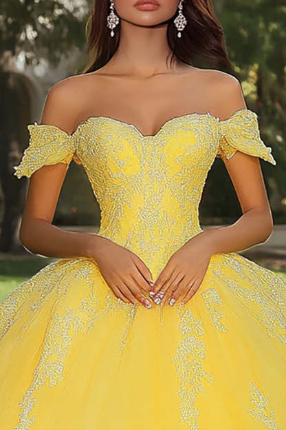 Yellow Ball Gown Off the Shoulder Maxi Tulle Quinceanera Dress with Lace