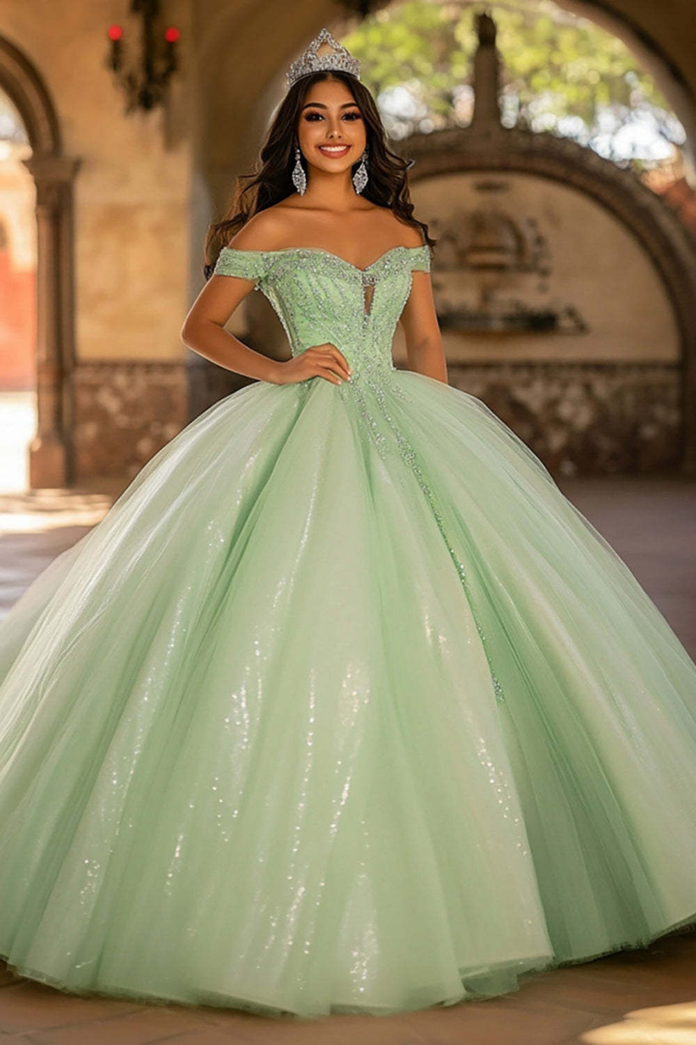 Leely Women Glitter Light Green Tulle Maxi Quinceanera Dress with Sequins Ball Gown Princess Off the Shoulder Sweet 16 Dress