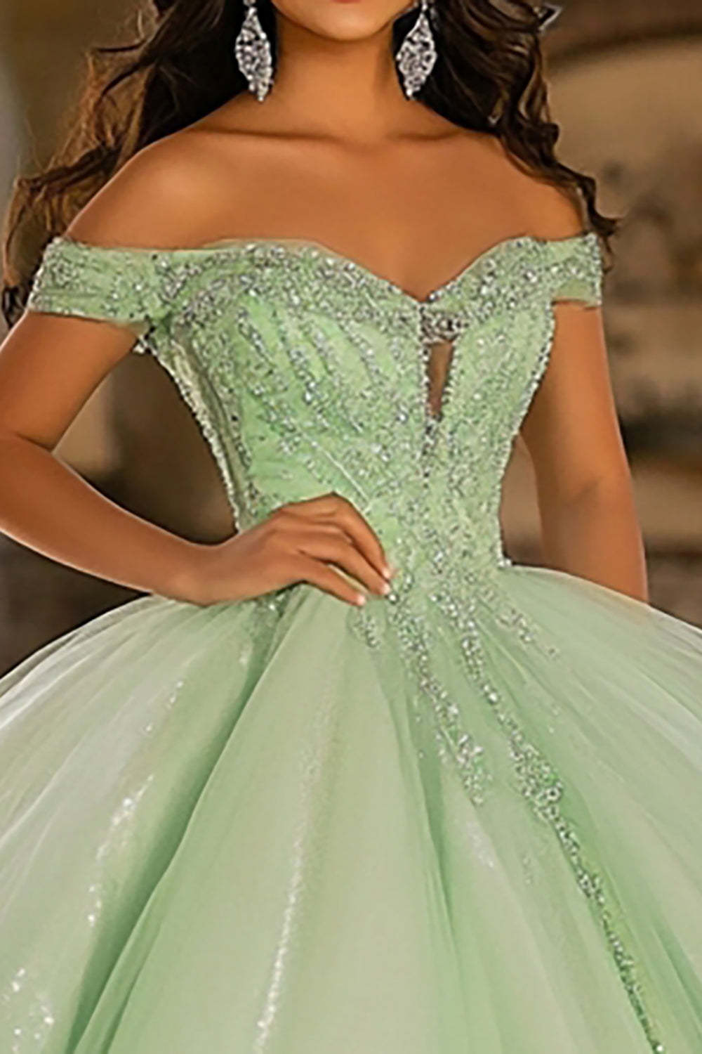 Glitter Light Green Ball Gown Tulle Maxi Quinceanera Dress with Sequins