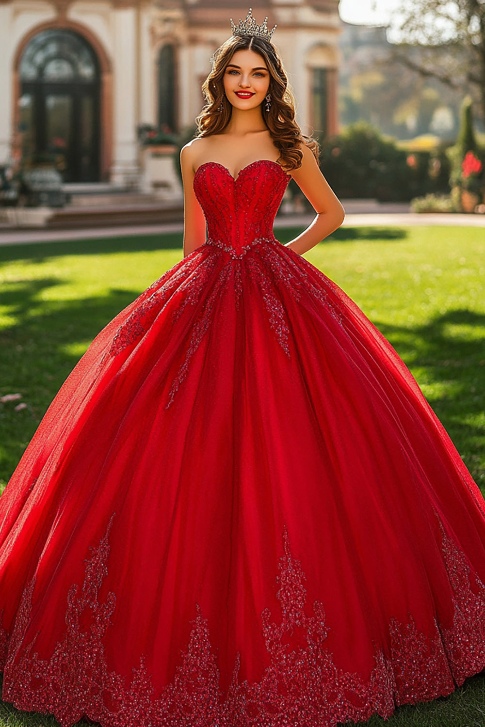 Leely Women Glitter Red Sweetheart Maxi Quinceanera Dress Ball Gown Princess Sweet 16 Dress with Sequins