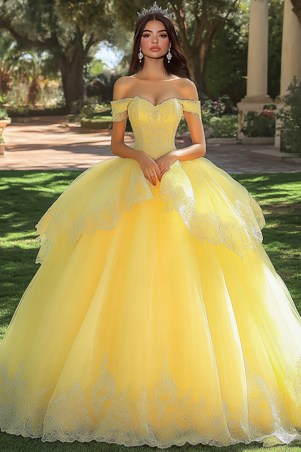 Leely Women Yellow Tulle Maxi Appliqued Quinceanera Dress with Ruffles Ball Gown Off the Shoulder Princess Sweet 16 Dress