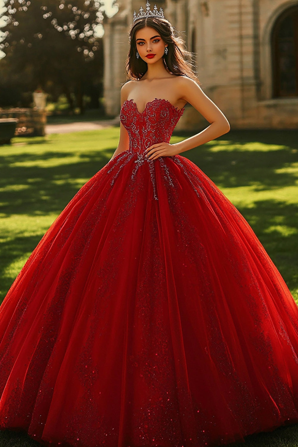 Leely Women Sparkly Burgundy Sweetheart Maxi Quinceanera Dress with Sequins Princess Ball Gown Sweet 16 Dress