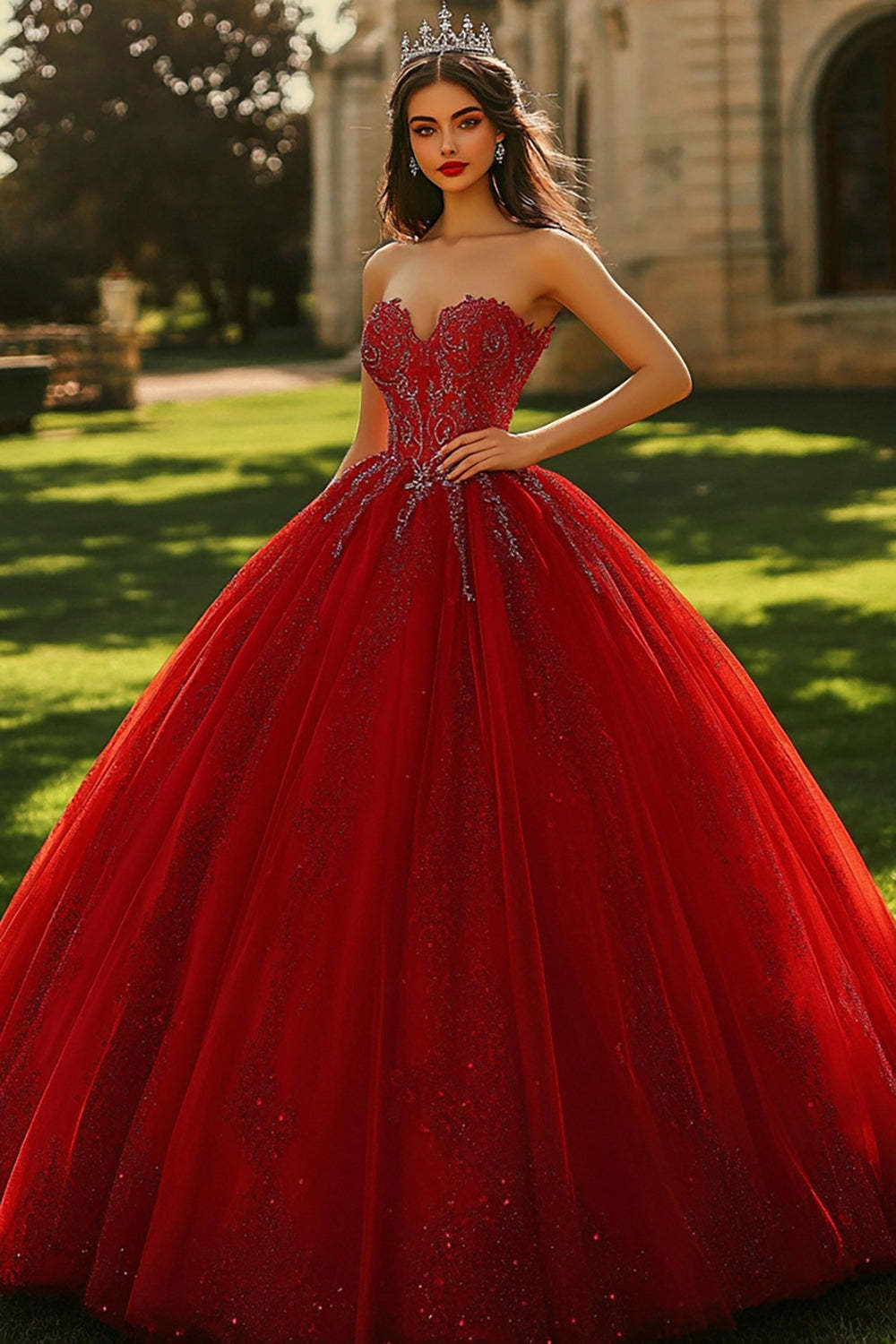 Leely Women Sparkly Burgundy Sweetheart Maxi Quinceanera Dress with Sequins Princess Ball Gown Sweet 16 Dress