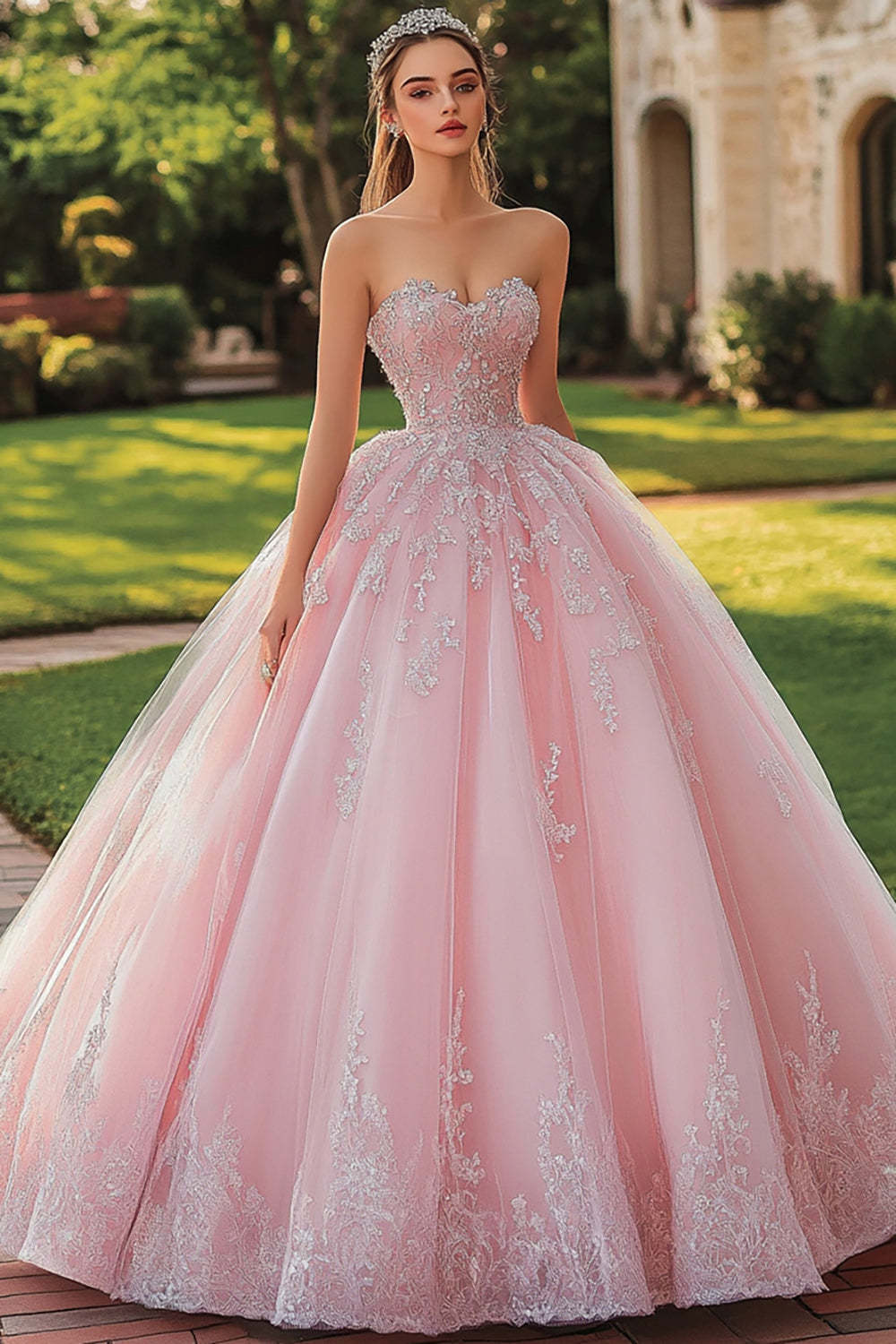 Leely Women Pink Princess Tulle Maxi Quinceanera Dress with Lace Sweetheart Ball Gown Sweet 16 Dress